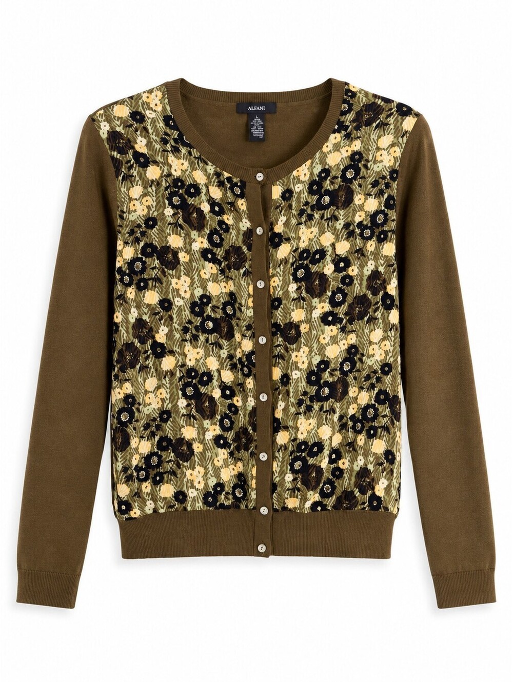 Alfani Women’s L Silk Blend Floral Button Front Cardigan Brown Black